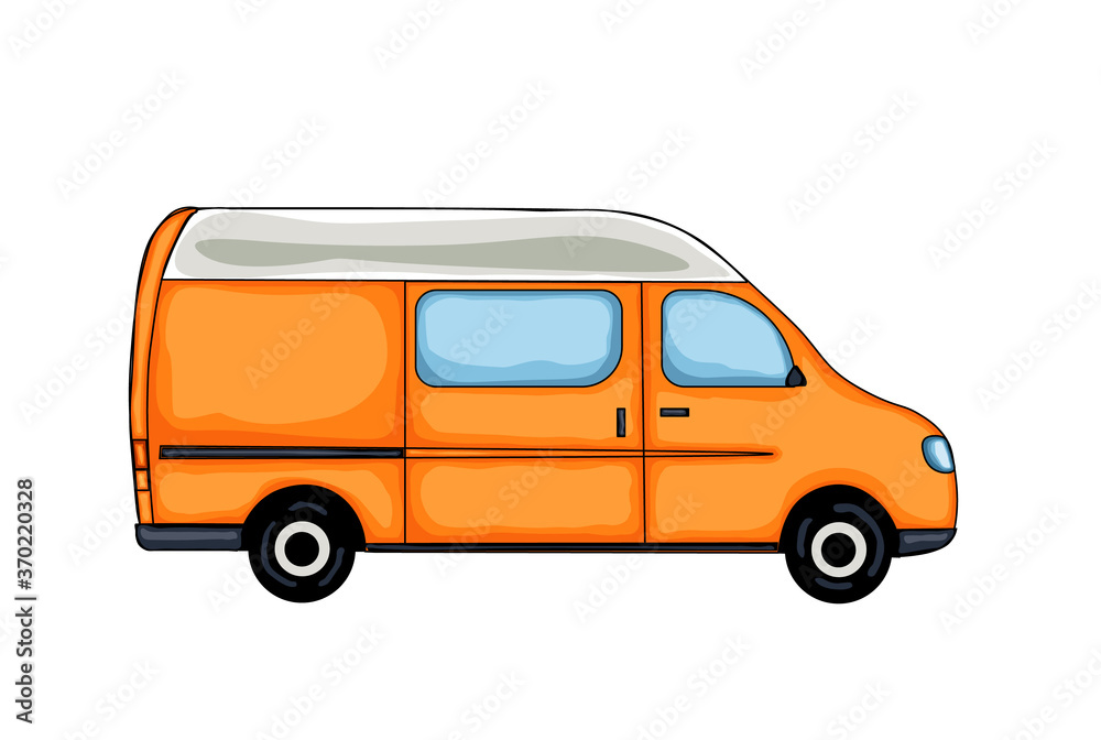 Orange hand drawn van, isolated on white background. Vector Illustration. 