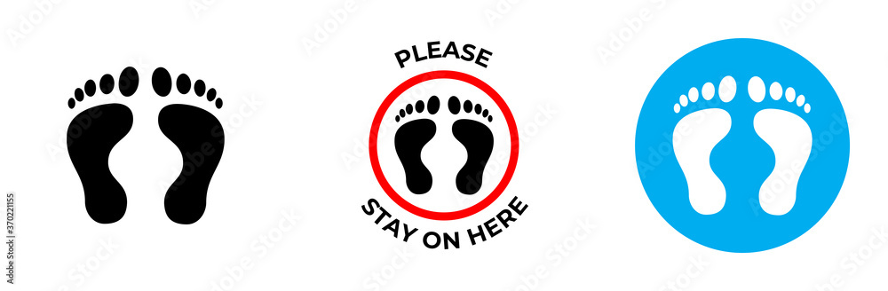 floor sticker sign with foot print for practicing social distancing, foot shape on floor. Signage for customer information. icon set floor sticker sign with foot print for practicing social distancing, foot shape on floor. Signage for customer information. icon set