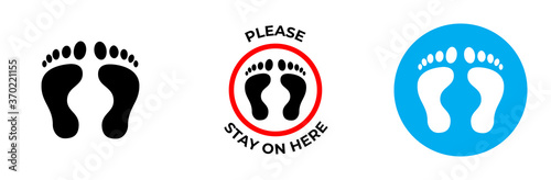 floor sticker sign with foot print for practicing social distancing, foot shape on floor. Signage for customer information. icon set