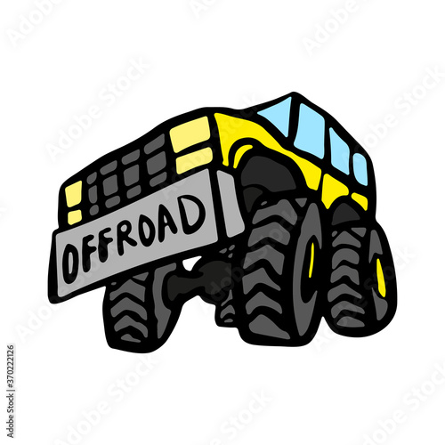 Off-road SUV icon. Front and side views. Cute cartoon drawing. Vector flat graphic hand drawn illustration. The isolated object on a white background. Isolate.
