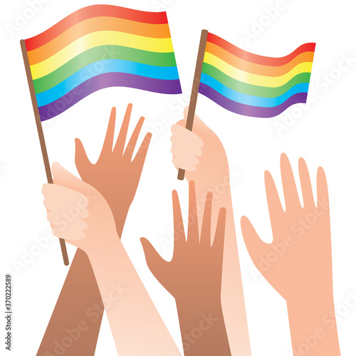 Hands with LGBTQ flags isolated on white background as homosexual protest concept, flat vector stock illustration with people hands as pride lgbtq