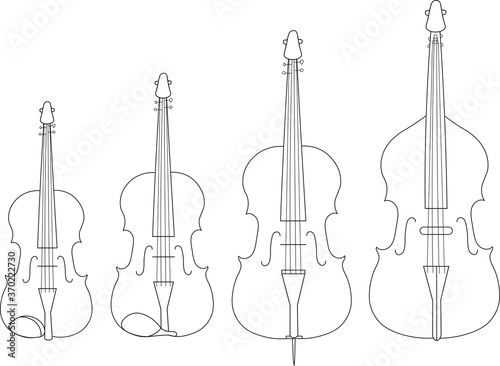 Simple line drawing of violin, viola, violoncello, double bass musical instruments