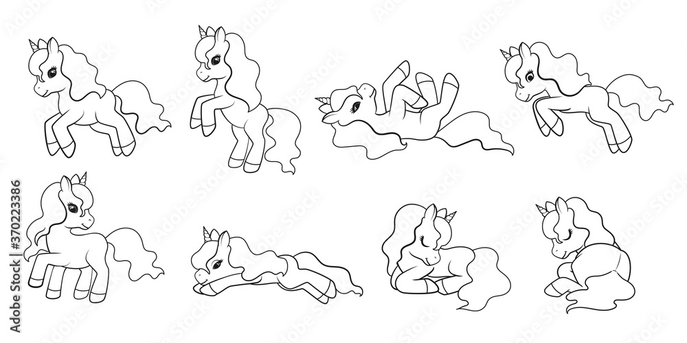 Collection of Cute Cartoon Unicorns isolated on white background. Vector illustration for coloring books