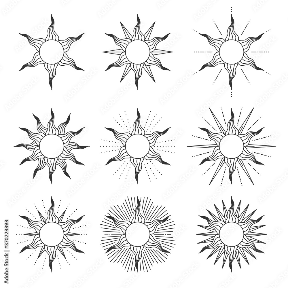Obraz premium Collection of sun in retro style isolated on white background. Vector illustration