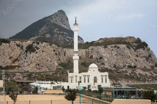The rock of Gibraltar as seen from Europa Point including a mosque, Gibraltar, UK