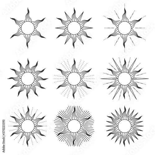 Collection of sun in retro style isolated on white background. Vector illustration