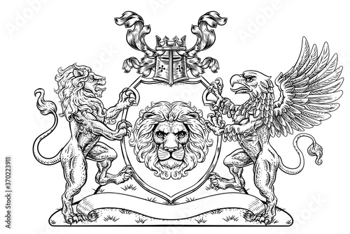 A crest coat of arms family shield seal featuring griffin and lions