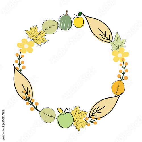 Autumn wreath with pumpkins, leaves, herbs and berries. Vector Illustration on white background.