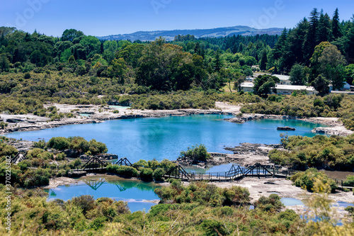 Panoramic view of geothermal pools in Rotorua, Bay of Plenty, North Island, New Zealand