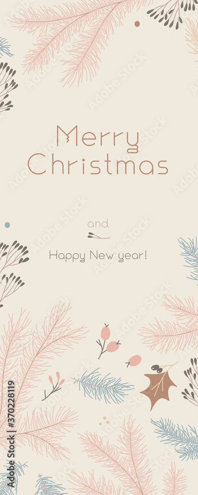 Vector Merry Christmas vertical banner template for pastel neutrals design. Winter sale fair branding. New Year seasonal celebration greeting card. Pinecone xmas branches with leaves isolated fir. Vector Merry Christmas vertical banner template for pastel neutrals design. Winter sale fair branding. New Year seasonal celebration greeting card. Pinecone xmas branches with leaves isolated fir.