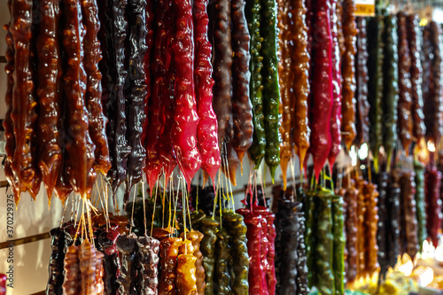 Churchkhela in bundles hangs consecrated by the sun