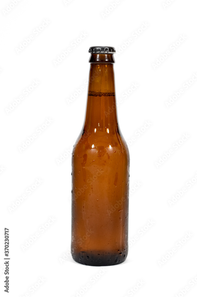 A brown beer bottle centered in the image with a white background.