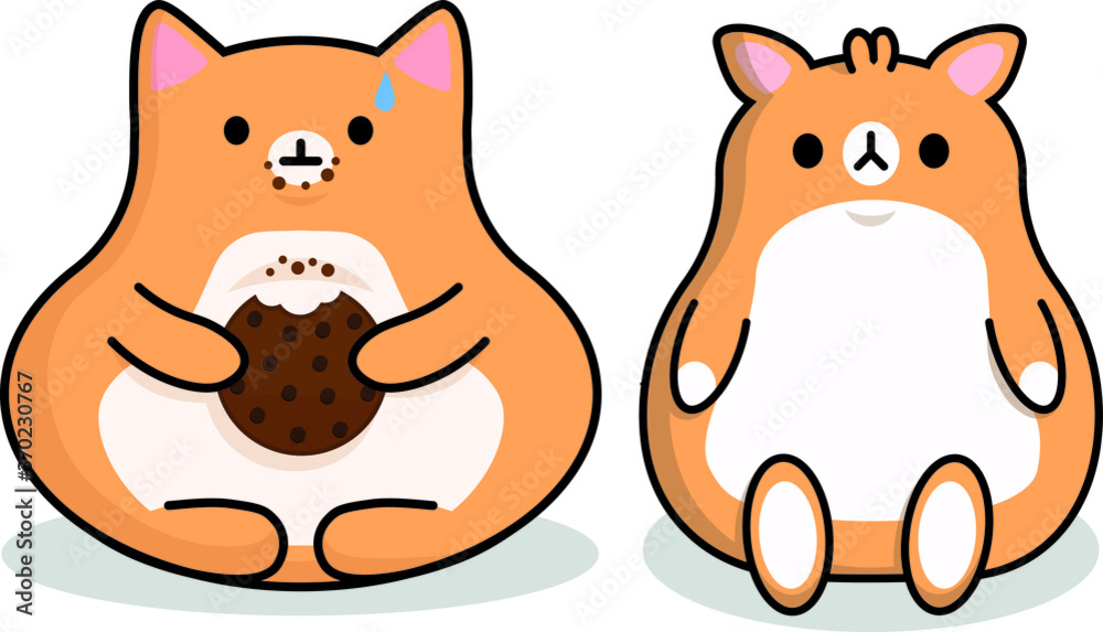 Fototapeta premium simple vector eps sticker illustration of a kawaii cute adorable fat cat and hamster with cookie and crumbs on white background