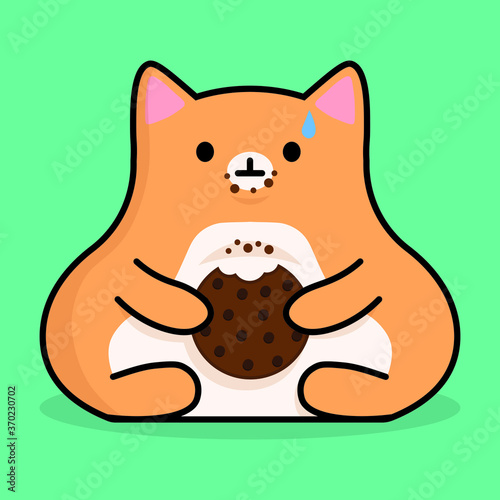 simple vector eps sticker illustration of a fat cat with cookie and crumbs on white background
