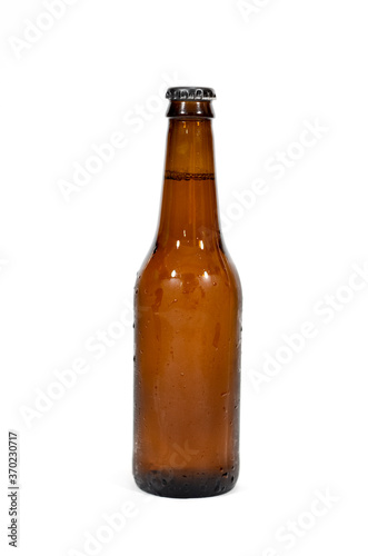 A brown beer bottle centered in the image with a white background.