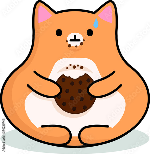 simple vector eps sticker illustration of a fat cat with cookie and crumbs on white background