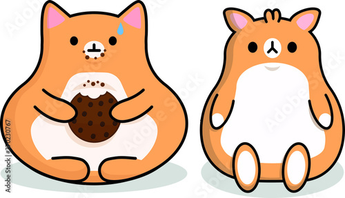 simple vector eps sticker illustration of a kawaii cute adorable fat cat and hamster with cookie and crumbs on white background