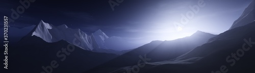 Sunrise in the mountains, mountain landscape at sunset, light among snowy peaks, 3D rendering