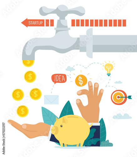 Making money and business startup concept with hands catching gold coins below a flowing faucet and placing them in a piggy bank, colored vector illustration