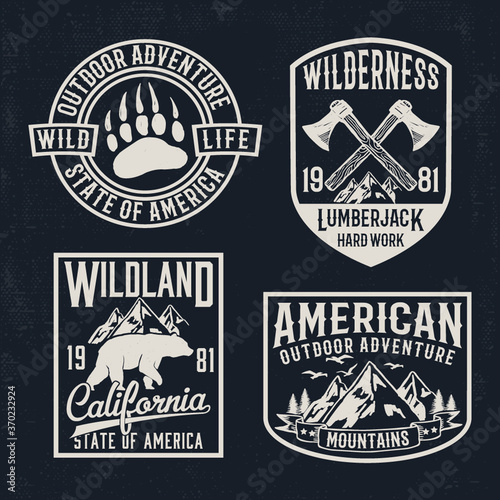 Vector set of wilderness and nature exploration vintage logos, emblems, silhouettes, patches and design elements