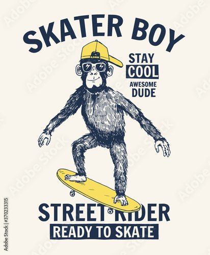 Skater Monkey illustration with cool slogan for t-shirt and other uses.