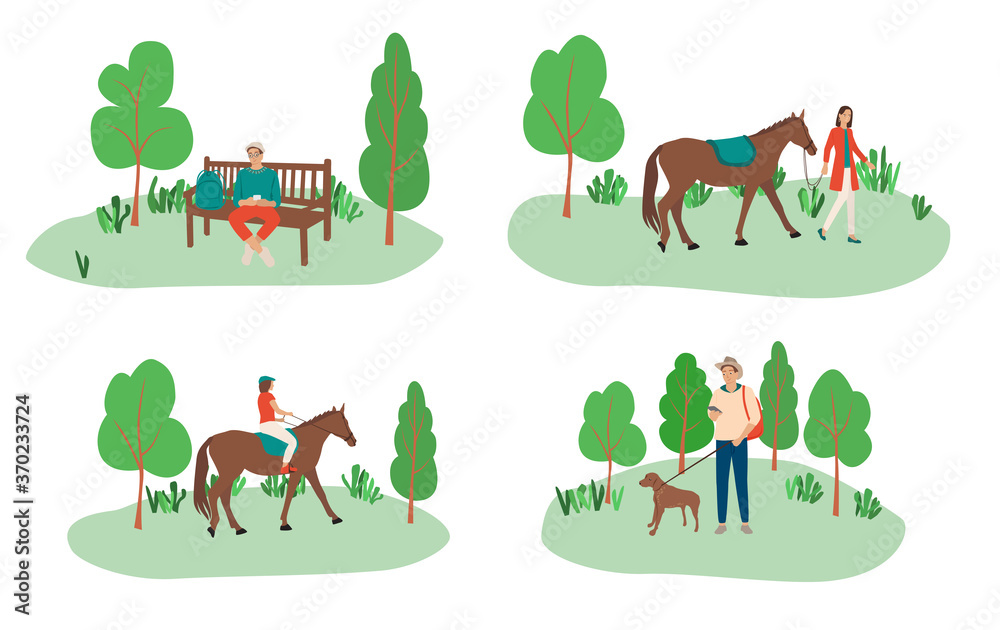 Set of people are in the Park, walking with a dog, riding a horse, sitting on a bench with a smartphone. Woman, man, students in the Park. Flat cartoon colorful vector illustration