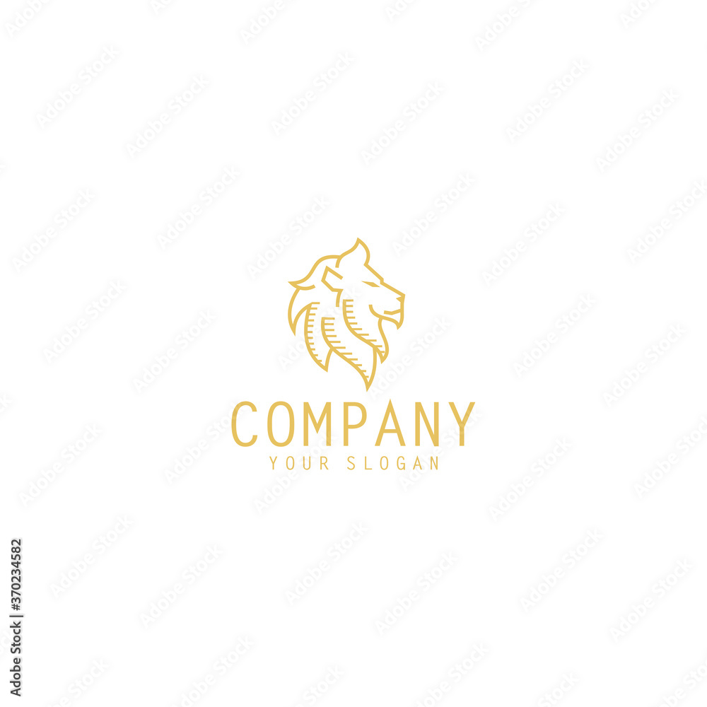 Obraz premium Golden round lion head logo template design in outline style. Vector illustration.