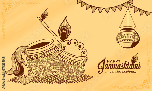 Hand drawn Illustration of dahi handi celebration in happy janmashtami festival of india. translation in english jai shri krishna.