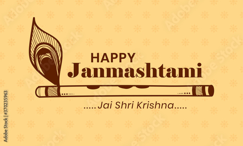 Happy Janmashtami celebration festival of india. Flute illustration wiyh peacock feather.