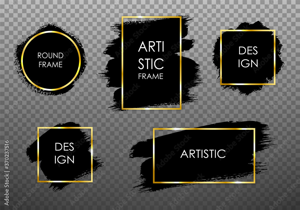Fototapeta premium Golden frame set with black paint background. Black blots with different borders. Vector illustration.