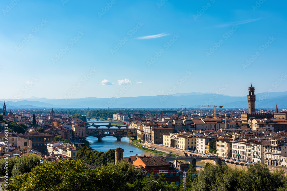 Picturesque view of Florence - Duomo Cathedral and Arno River from Michelangelo Square, Italy. Selective focus. 