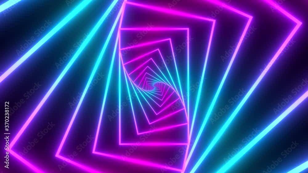 Seamless loop animation. Minimal thin fluorescent spiral in infinite rotation. Funky holographic backdrop in retrowave style. Shiny corridor in purple, blue and pink neon colors. Seamless loop animation. Minimal thin fluorescent spiral in infinite rotation. Funky holographic backdrop in retrowave style. Shiny corridor in purple, blue and pink neon colors.