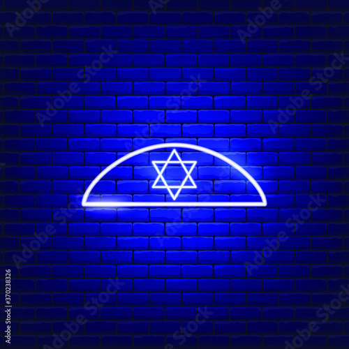 Vector illustration of kippah neon icon. Concept Holiday Rosh Hashanah. Jewish New Year sign. photo