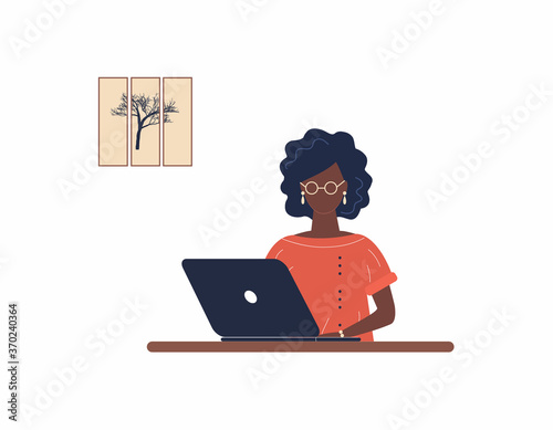 African-american woman tutor work on laptop.Remote work, distance learning or online training during the virus epidemic.Lady trainer or coach conduct webinar or workshop.Vector colourful illustration