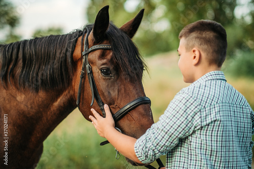 The boy strokes the horse's favorite horse on the head. Communication of a child with a horse in the summer. © sergo321