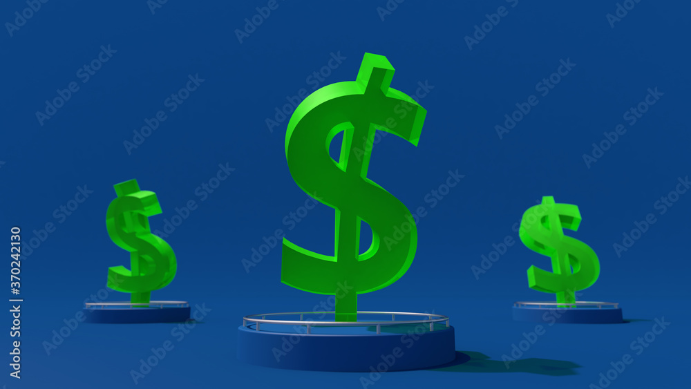 Green glass dollar sign. Currency fluctuations concept. Blue background. Abstract illustration, 3d render. Green glass dollar sign. Currency fluctuations concept. Blue background. Abstract illustration, 3d render.