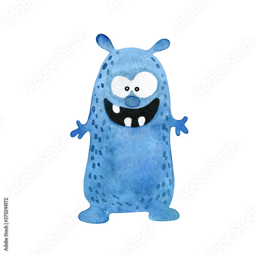 Cute blue monster. Watercolor illustration isolated on white.