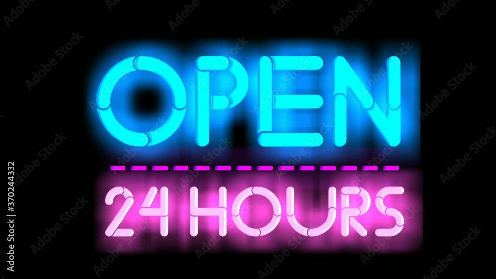neon open sign.Neon sign text animation Open 24 hours on black background. Business and service concept.illuminated shining and glowing neon open sign.Neon sign text animation Open 24 hours on black background. Business and service concept.illuminated shining and glowing