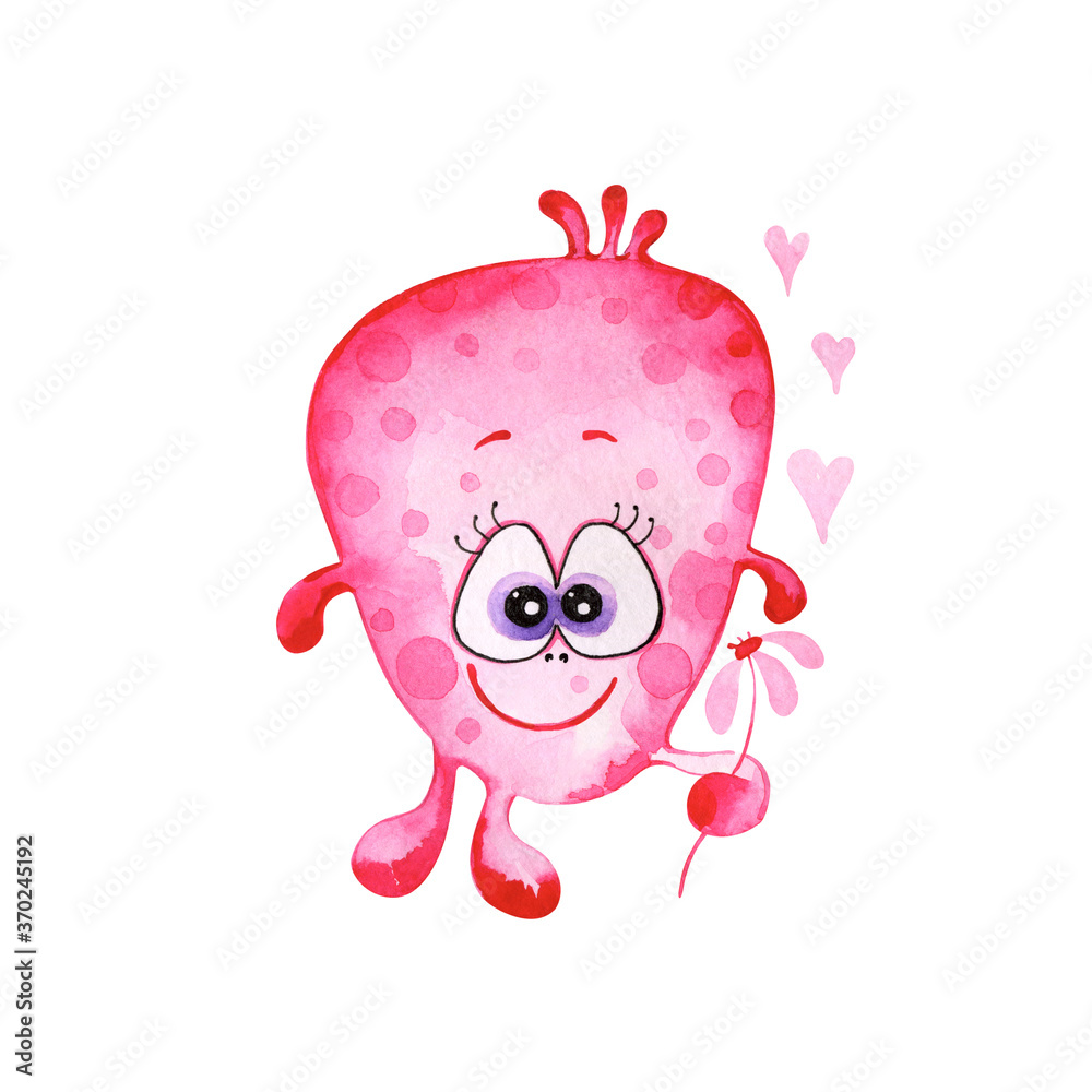 Cute pink monster with flower and hearts. Watercolor illustration isolated on white. Cute pink monster with flower and hearts. Watercolor illustration isolated on white.