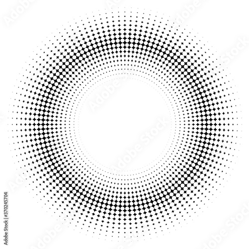 Circle of black color four points stars on white background. Minimalistic abstract halftone composition. Pop art style. Can be used for landing pages  posters  brochures  flyers  banners  promotions.