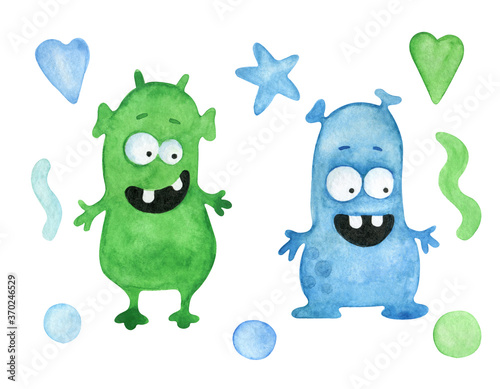 Set of cute green and blue monsters and decorative elements - hearts  star  balls. Watercolor illustration isolated on white.