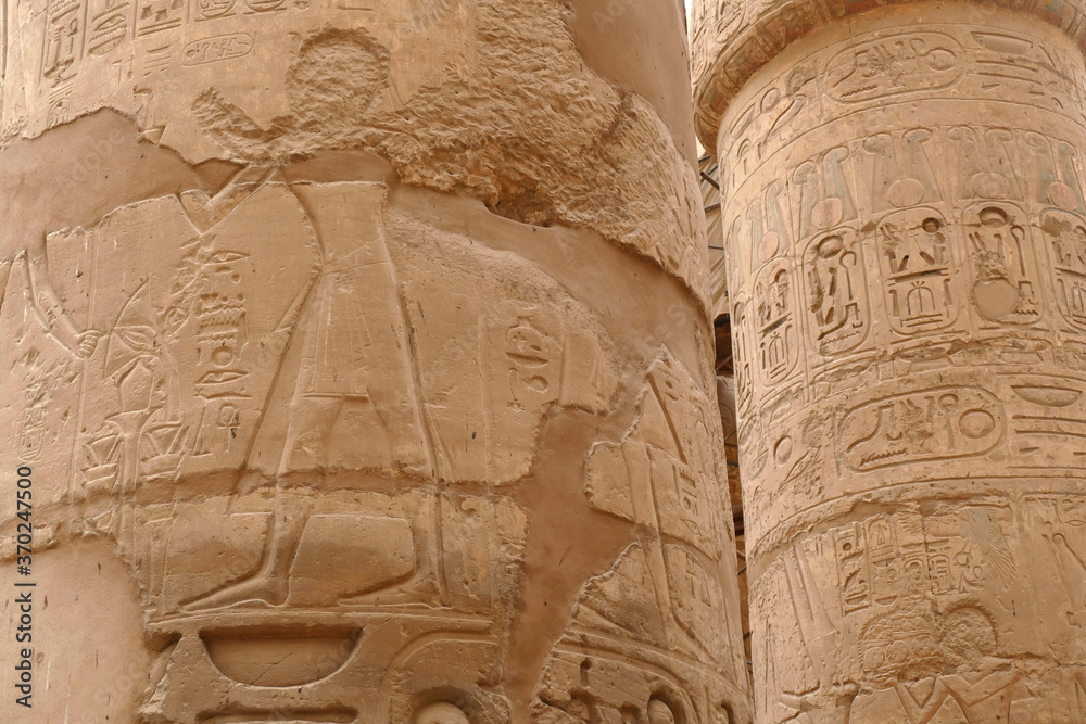 Hypostyle Examples Hieroglyphics on the massive columns of the hypostyle Stock Photo ...