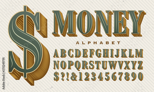 An Ornate and Elegant Vector Alphabet. This Green and Gold Font Has the Stylings of Money, Stock Certificates, and Other Financial Instruments. Gives an Expensive Look to Headline Lettering.