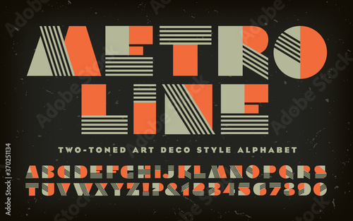 Metro Line; A Vector Alphabet in the Art Deco Style with Blocky Geometric Letters and Striped Components. Lettering in Sage Green and Orange Two-tone. This Font Has a 1930s Retro Theatrical Flair. photo