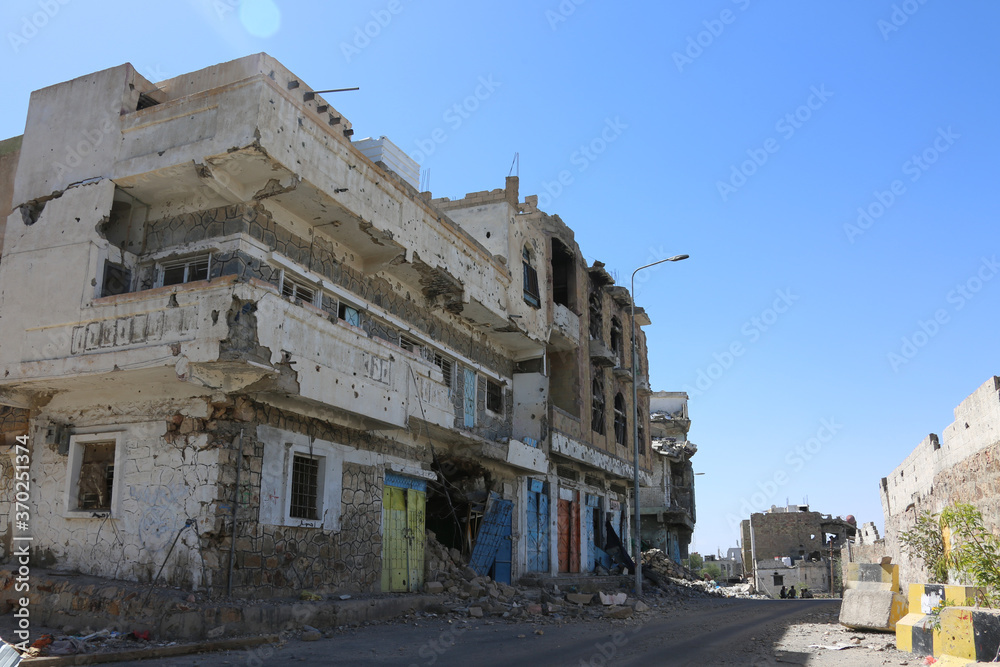 Destroyed houses due to war in the city of Taiz, Yemen