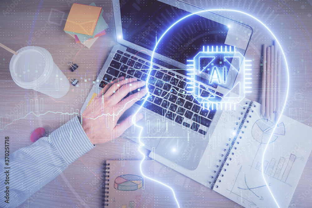 Double exposure of man's hands typing over computer keyboard and brain hologram drawing. Top view. Ai and data technology concept. Double exposure of man's hands typing over computer keyboard and brain hologram drawing. Top view. Ai and data technology concept.
