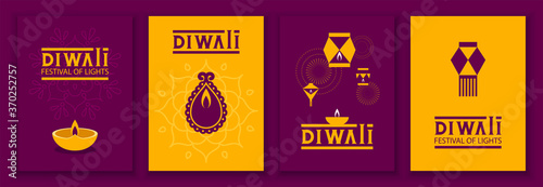Set poster for indian holiday Diwali with paper sky lantern and diya oil lamp with text lettering happy Diwali in modern minimal style