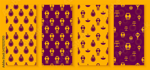 Sky paper lantern with fireworks and diya oil lamp for indian holiday festival Diwali seamless pattern set in flat modern minimalistic style