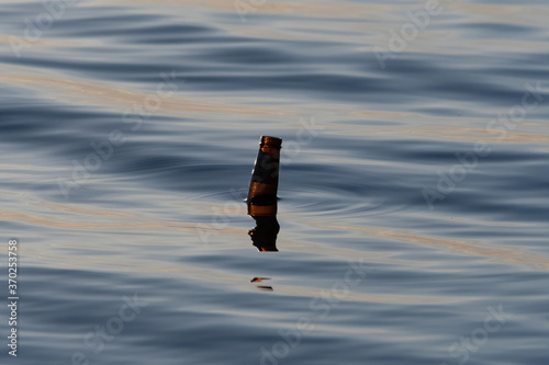 Empty brown beer bottle floating in the water at sunrise