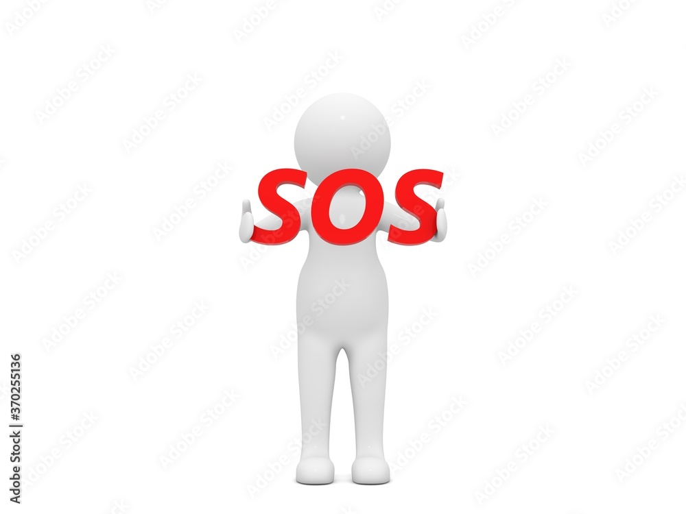 3d character with the sign sos on a white background. 3d render illustration. 3d character with the sign sos on a white background. 3d render illustration.